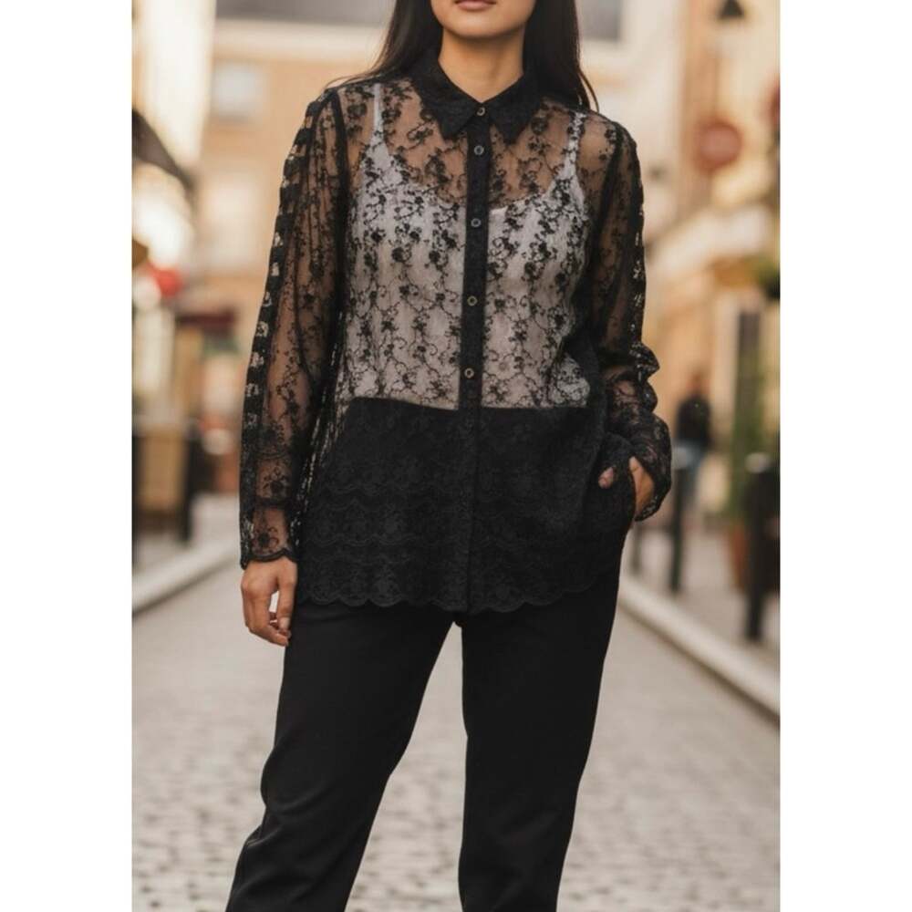 April Cornell Black Sheer Lace Mesh Blouse S Whimsigoth Button Lattice Sleeve